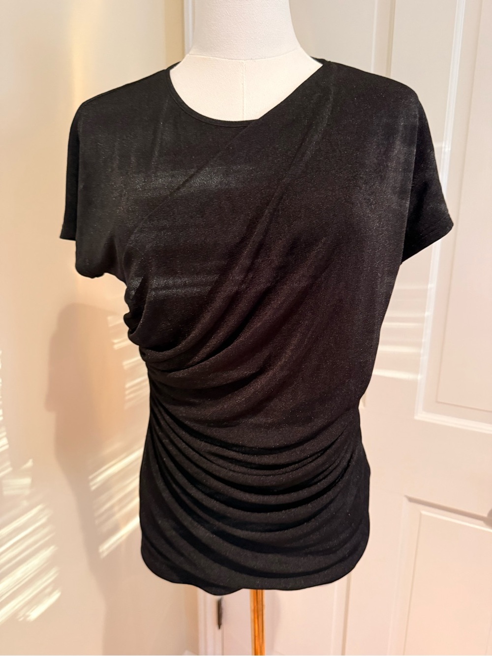 Balmain Black Short Sleeve Draped Shimmer Top